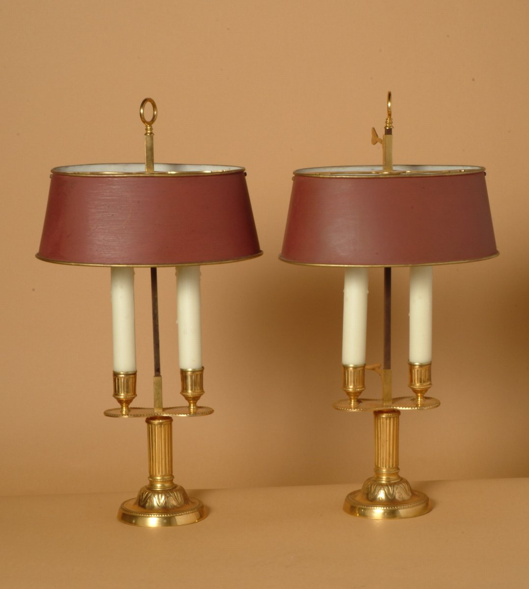 A Single French, Reproduction, Bronze, Two-Arm Bouillotte Lamps with Tole Shades