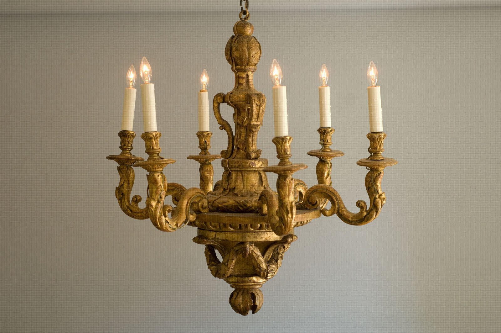 French Louis XIV, Gilded Wood, Six-Arm Chandelier