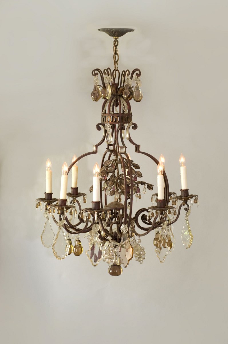 French, Late 19th Century, Iron, Tole, and Crystal Chandelier