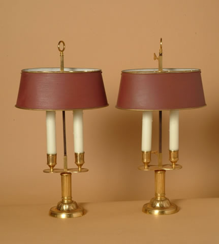 A Single French, Reproduction, Bronze, Two-Arm Bouillotte Lamps with Tole Shades - Click to enlarge and for full details.