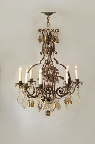 French, Late 19th Century, Iron, Tole, and Crystal Chandelier - Click to enlarge and for full details.