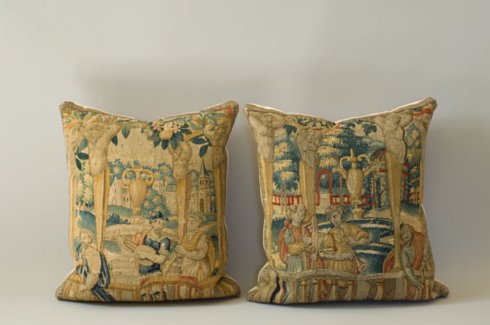 Pair of Late 16th Century, Brussels Tapestry Fragments Made into Modern Cushions - Click to enlarge and for full details.